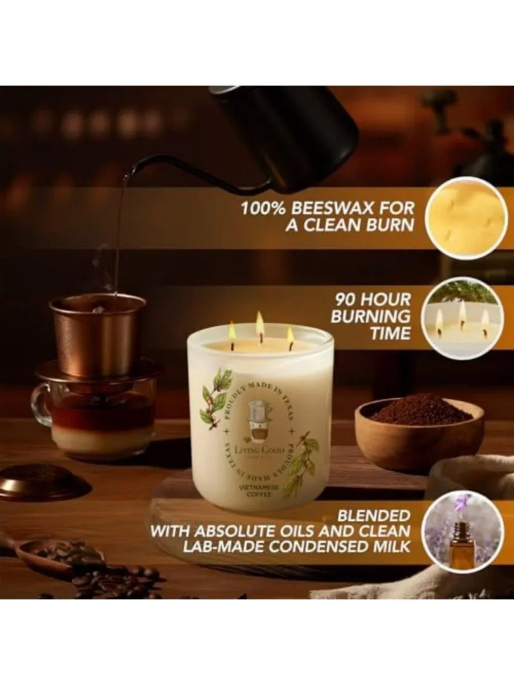 Rich Coffee Beeswax Candle - Roasted Bean & Sweet Vanilla, Long-Lasting 90+ Hr